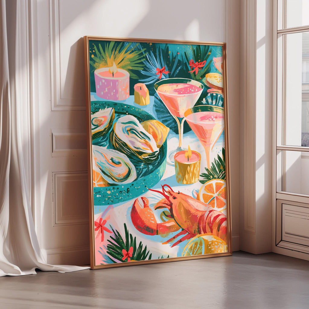 The image is a vibrant and colorful painting featuring a variety of seafood items, including shrimp, oysters, and lobsters, along with cocktail glasses and candles.