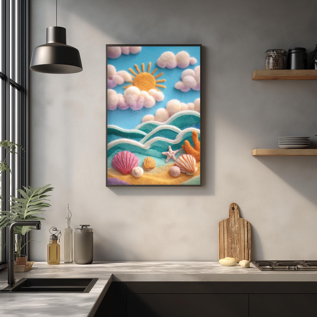 a framed painting of a beach scene with a sunny sky, clouds, and various sea creatures such as starfish and seashells. The painting is hung on a wall above a kitchen counter with a sink, a cutting board, and some other kitchen items.