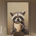a modern office space with a large painting of a raccoon holding a cup of coffee on the wall. The office has a wooden desk, a comfortable chair, and a bookshelf filled with books. The overall design and decor create a stylish and functional workspace.