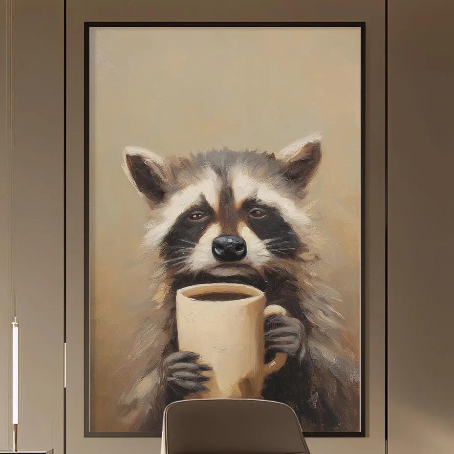 a modern office space with a large painting of a raccoon holding a cup of coffee on the wall. The office has a wooden desk, a comfortable chair, and a bookshelf filled with books. The overall design and decor create a stylish and functional workspace.