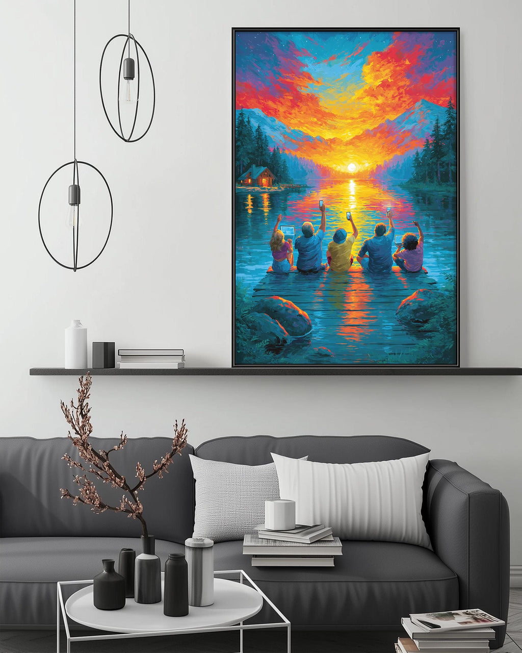 a large, colorful painting of a group of people sitting in a lake, with a sunset in the background. The painting is hanging on a wall above a gray couch, which is decorated with various items such as vases, books, and a plant.