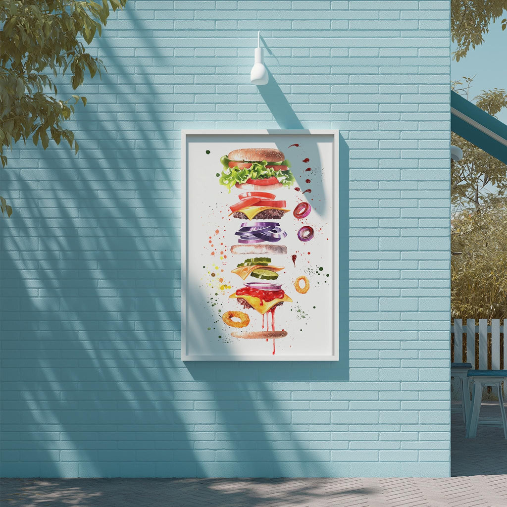 a vibrant and colorful painting of a hamburger, with various toppings and condiments depicted in a visually appealing manner.