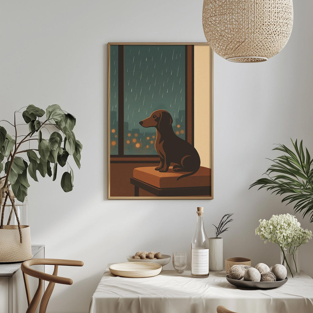 a cozy dining area with a framed painting of a dog sitting on a windowsill, gazing out at the rain. The painting is hung on a white wall above a table set with plates, bowls, and a bottle of wine. The table is surrounded by chairs, and there are potted plants and other decorative elements in the room, creating a warm and inviting atmosphere.