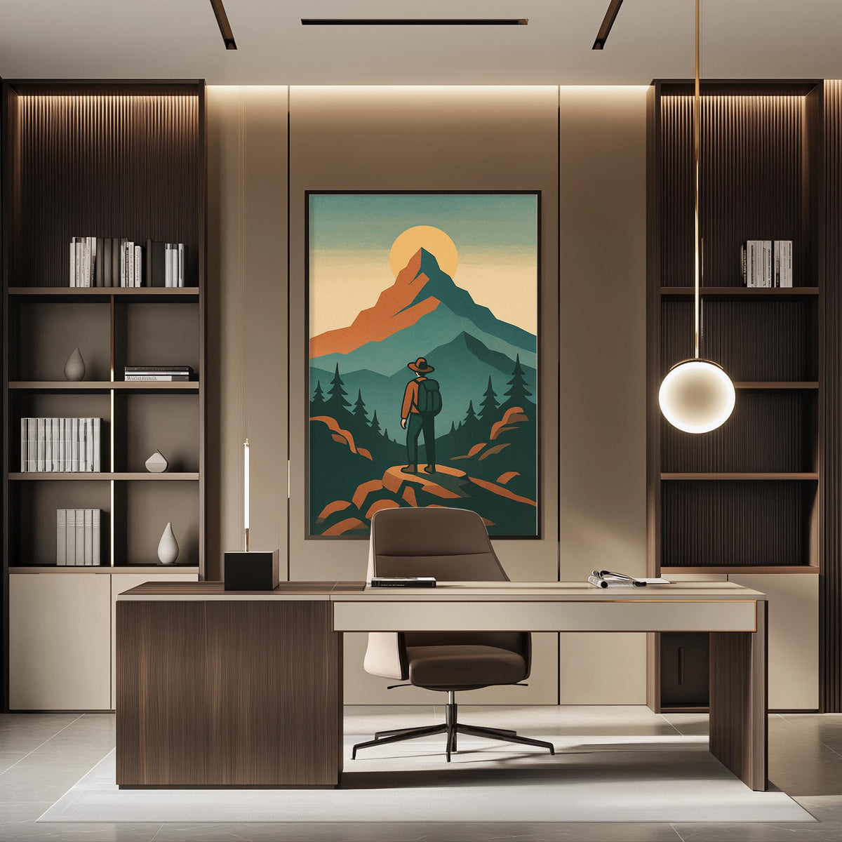 a modern office space with a large framed poster of a mountain landscape hanging on the wall. The poster features a person standing on a mountain peak, surrounded by trees and a sunset. The office has a wooden desk and chair, and there are bookshelves on either side of the desk. The overall design of the space is minimalist and modern, with a focus on natural elements and a sense of adventure.