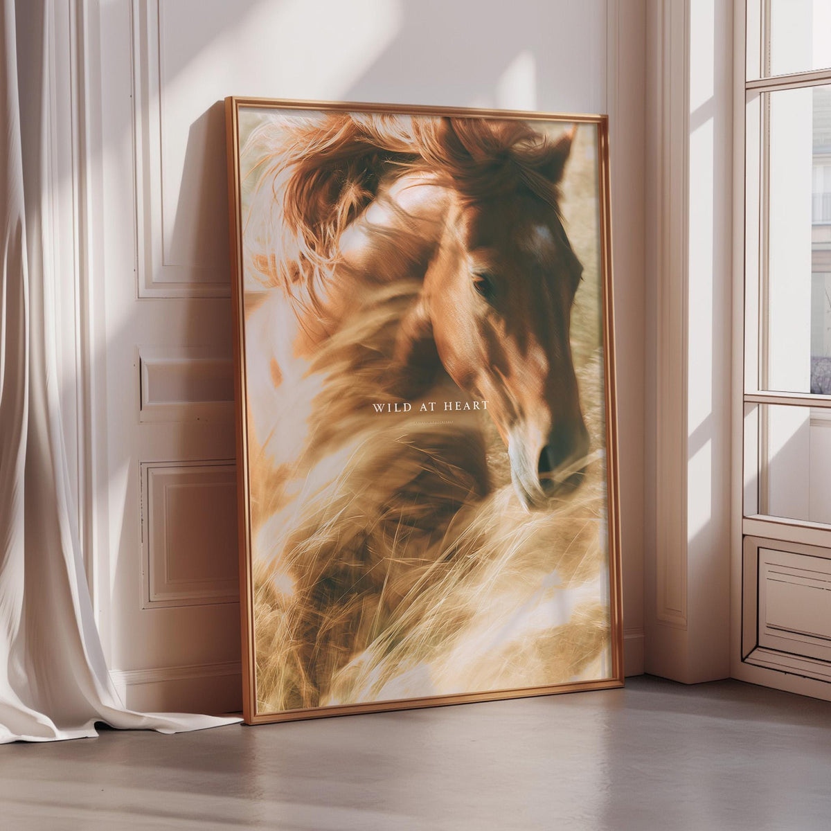 a large framed picture of a horse's face, with the text "WILD AT HEART" written on it.