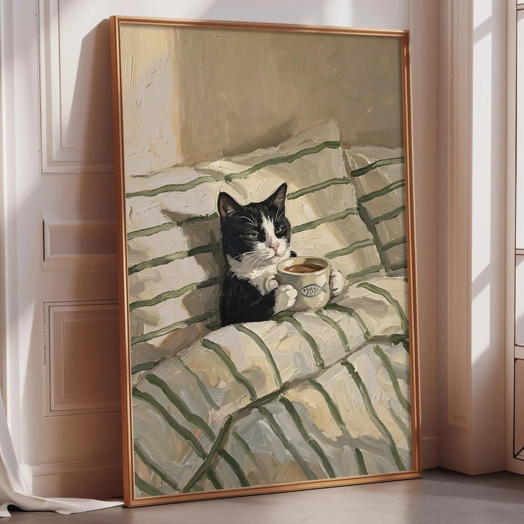 A framed painting depicting a black and white cat sitting on a striped blanket, holding a cup of coffee.
