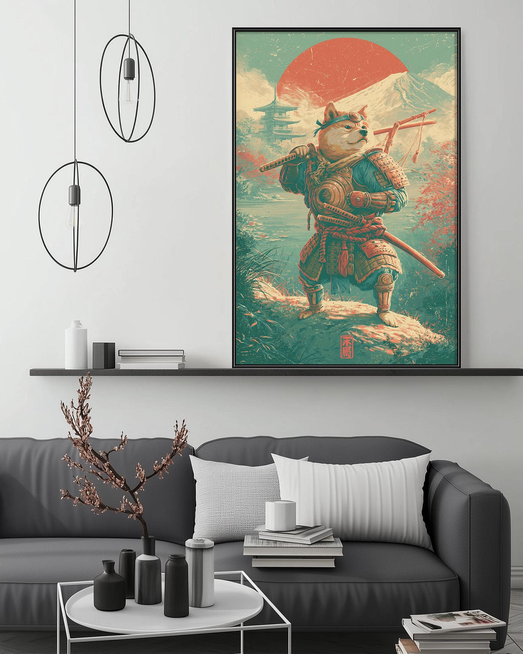 a large, colorful painting of a dog dressed in traditional Japanese armor, holding a sword and standing on a rock. The painting is displayed on a wall above a gray couch, which has a coffee table in front of it. The room also includes a shelf with various decorative items, such as a potted plant, vases, and books.