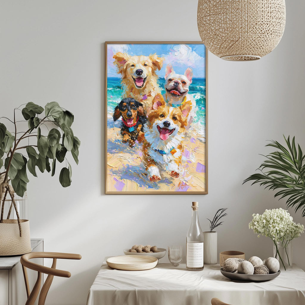 a framed painting of four dogs, including a golden retriever, a corgi, a pug, and a bulldog, all smiling and enjoying themselves in a beach setting.