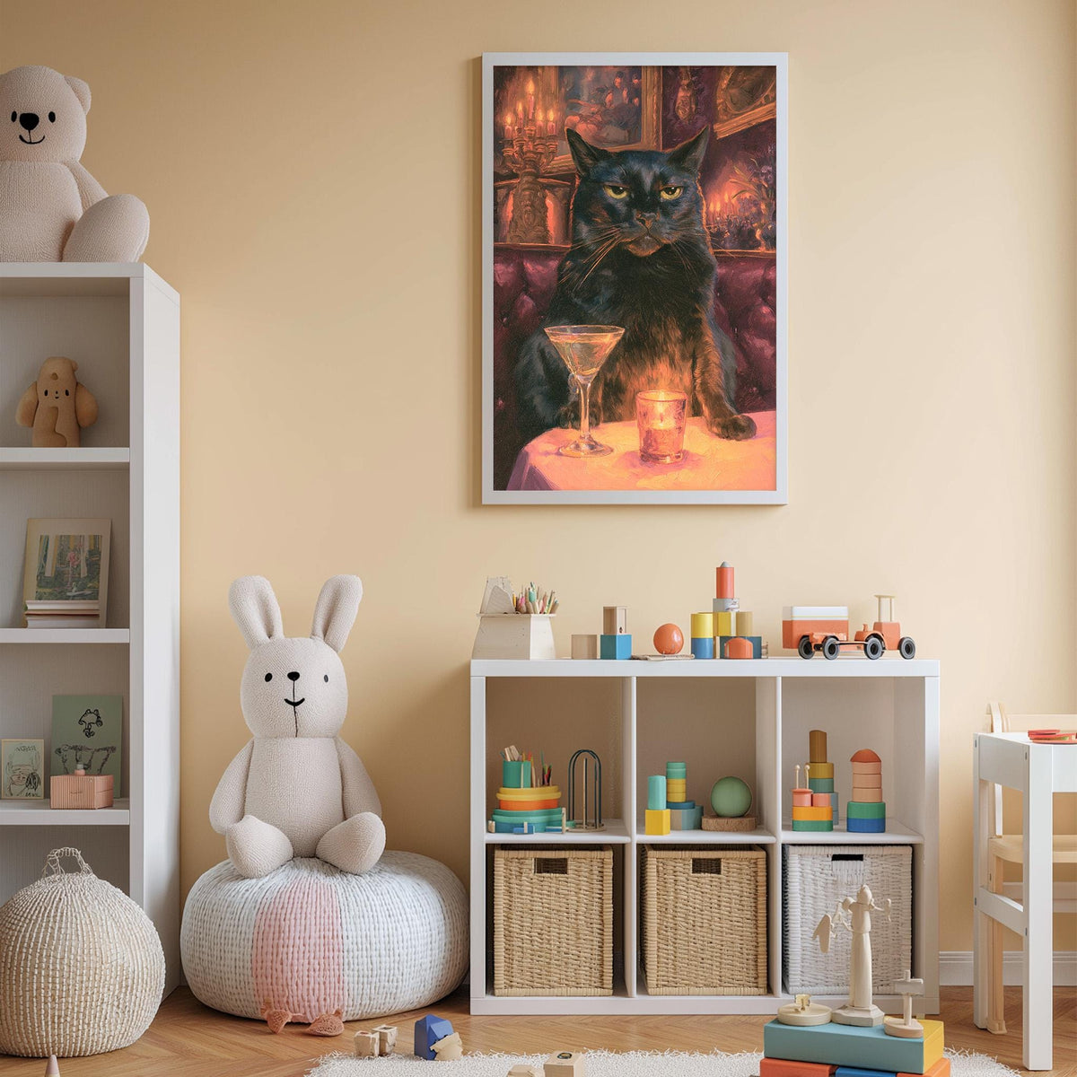 a cozy and playful children's room, featuring a large framed picture of a black cat sitting at a table with a martini glass, surrounded by various toys and stuffed animals.
