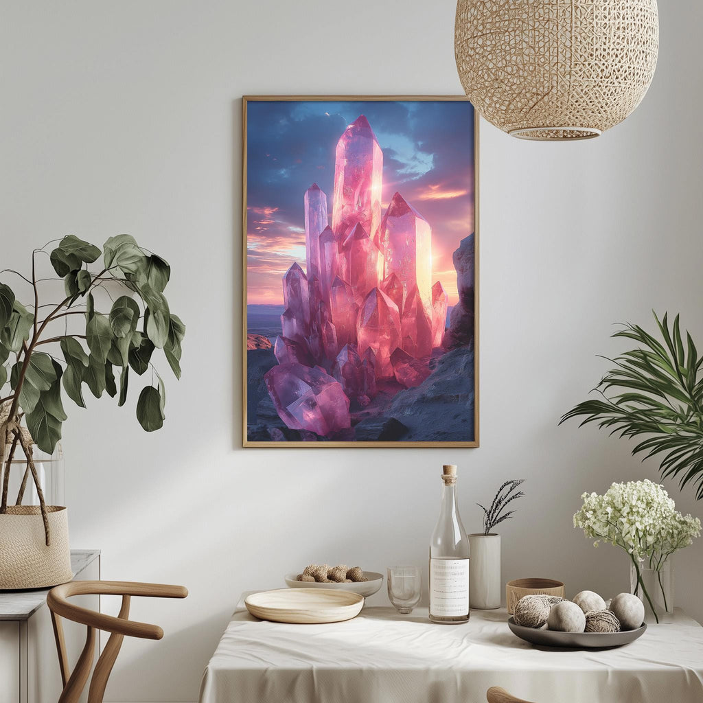 a large framed picture of a crystal formation hanging on a wall, with a dining table and chairs in the foreground.
