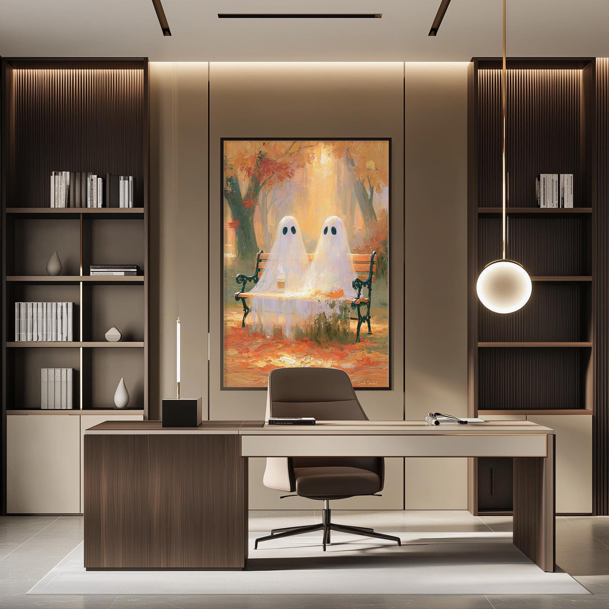 a modern office space with a large framed artwork of two ghostly figures sitting at a table in a forest setting. The office features a desk, chair, and shelving units, creating a professional and stylish atmosphere.