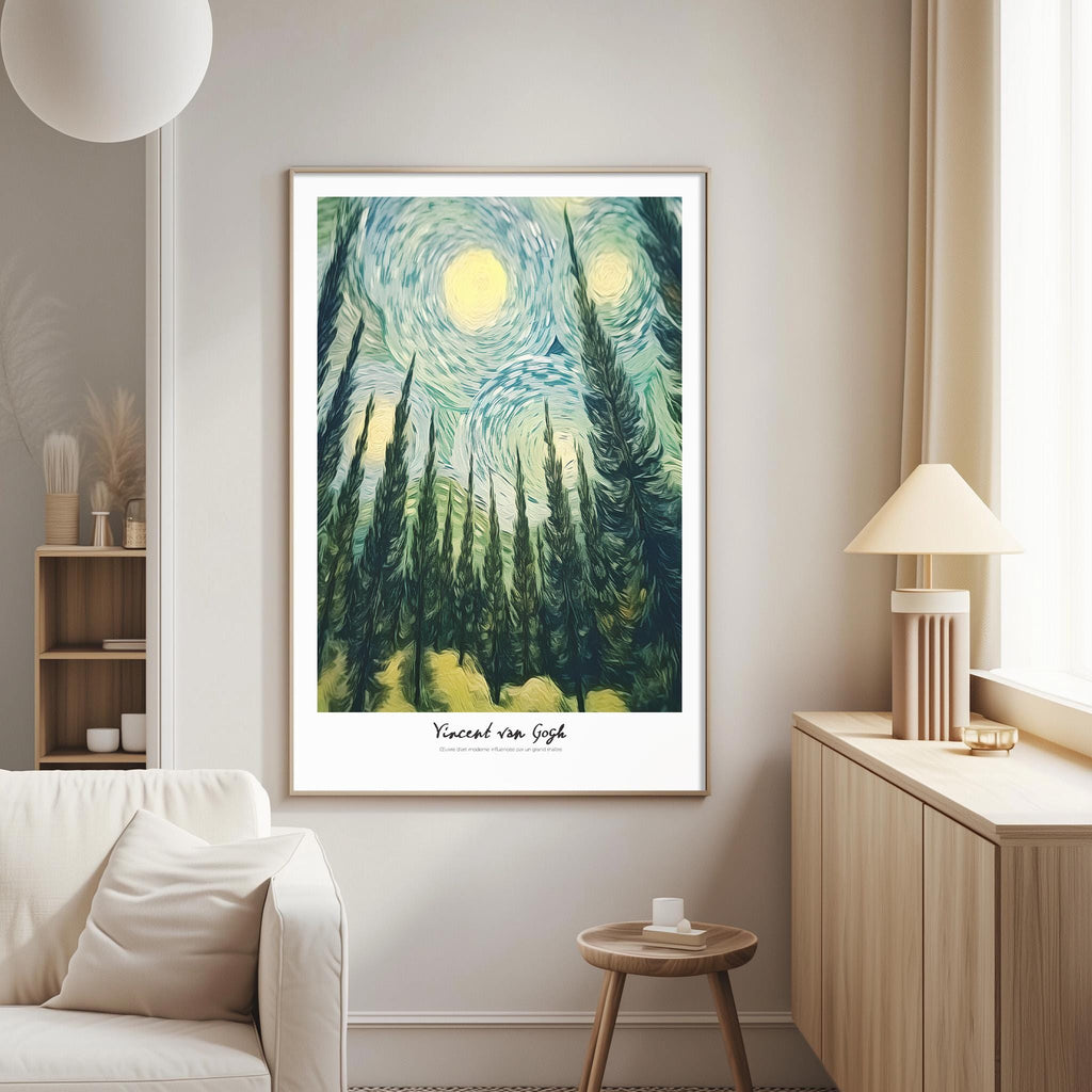 a large painting of a forest scene hanging on a wall in a living room.