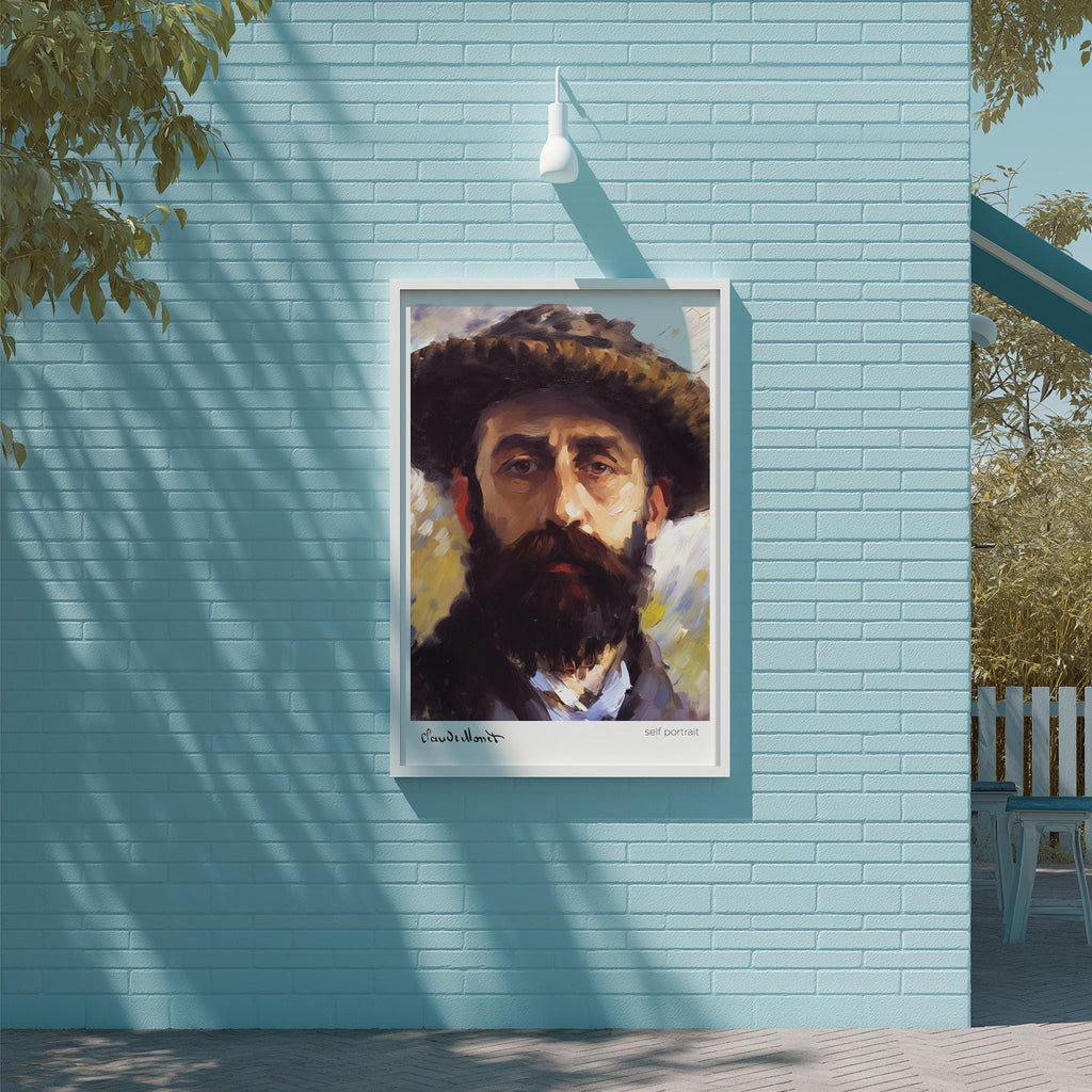 A framed painting of a man with a beard hangs on a blue wall, with a white light fixture above it.