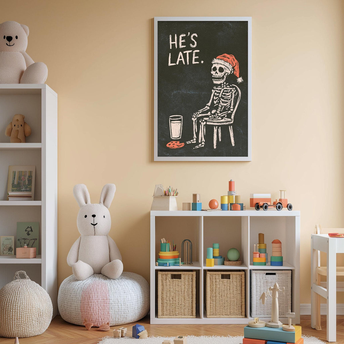 A child's bedroom with a skeleton wearing a Santa hat sitting on a chair, surrounded by toys and a chalkboard with the text "HE'S LATE."