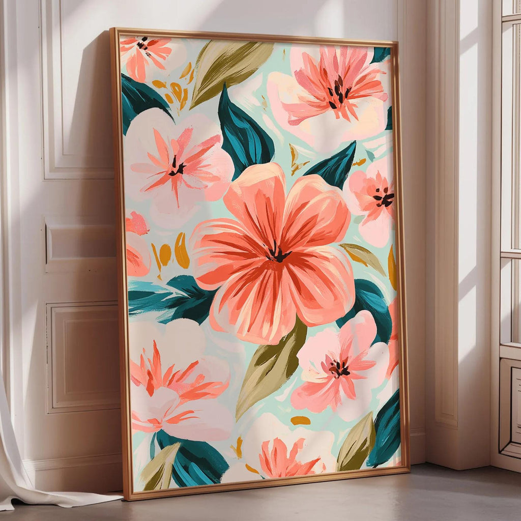 A large framed print featuring a vibrant floral design with pink and orange flowers and green leaves, displayed on a wall near a window.