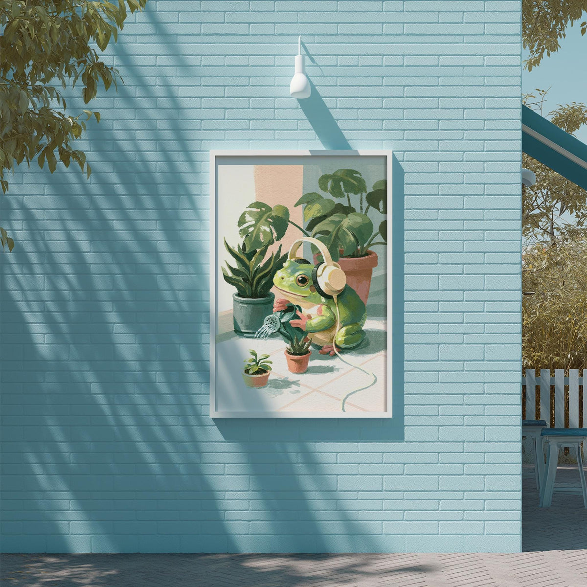 A framed painting of a frog wearing headphones, surrounded by potted plants, is displayed on a blue wall.