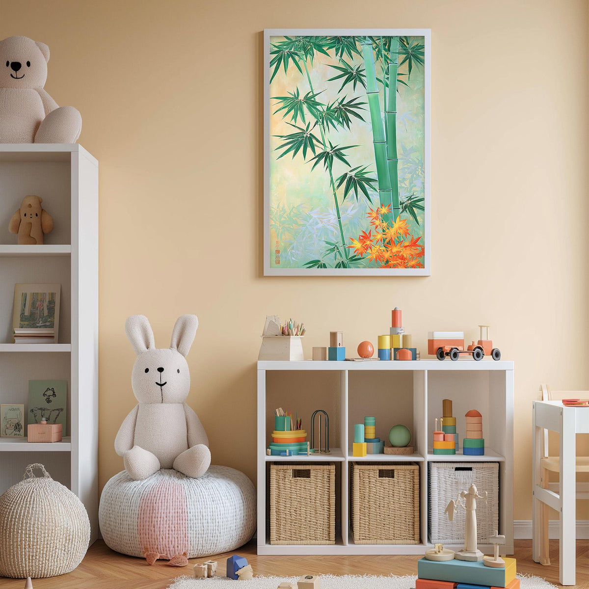 A cozy children's room with a white bookshelf, a plush rabbit, and a colorful toy box filled with toys. A framed painting of bamboo plants and flowers hangs on the wall above the bookshelf.