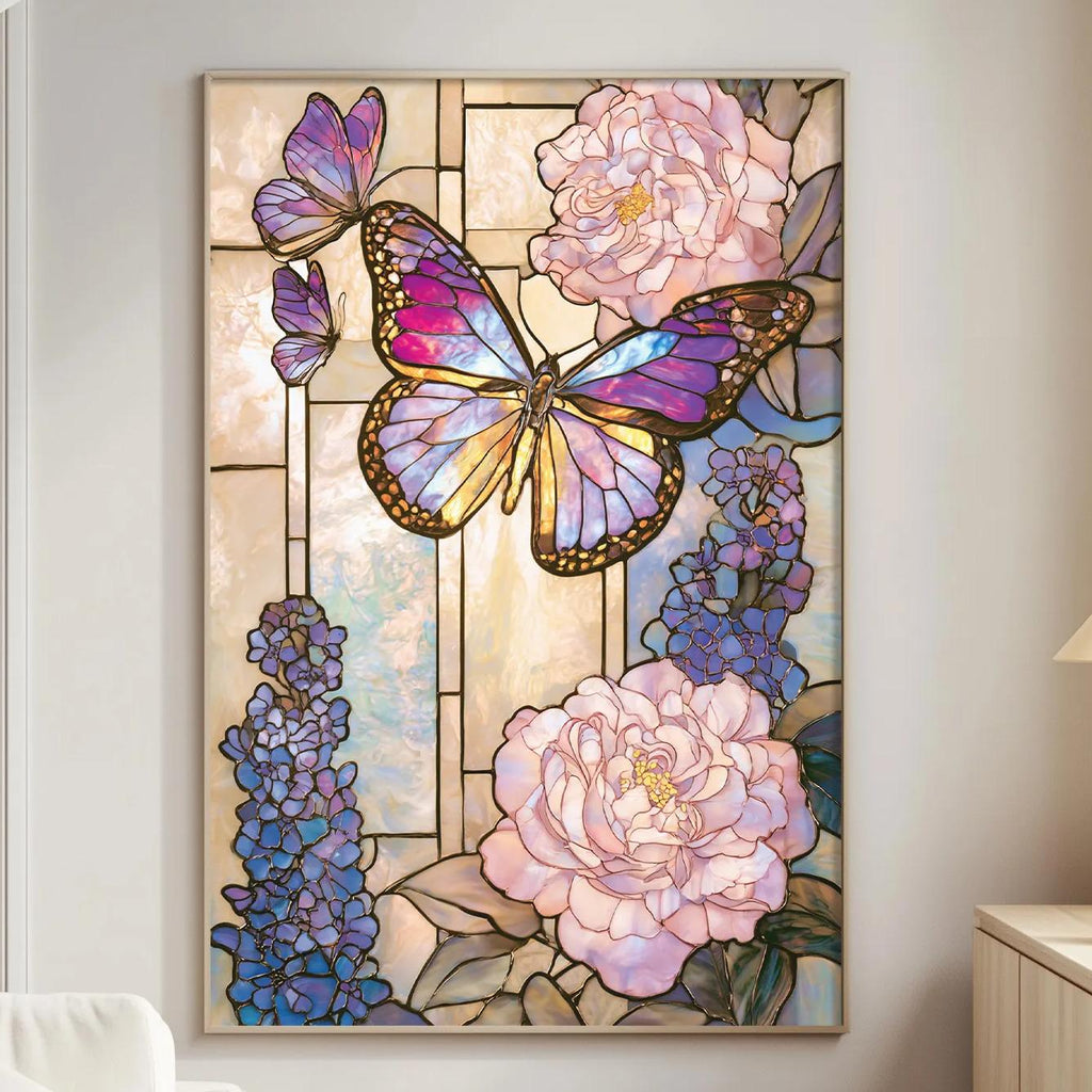 a large, colorful stained glass artwork depicting a butterfly surrounded by flowers, including pink peonies and purple hydrangeas, set against a white background.