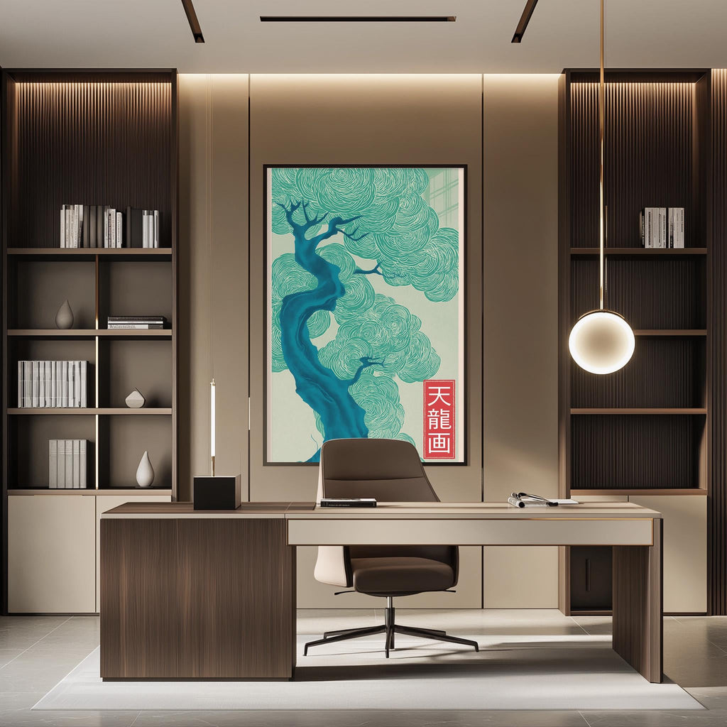 a modern and minimalist office space with a large tree-like artwork on the wall, a wooden desk with a chair, and built-in bookshelves.