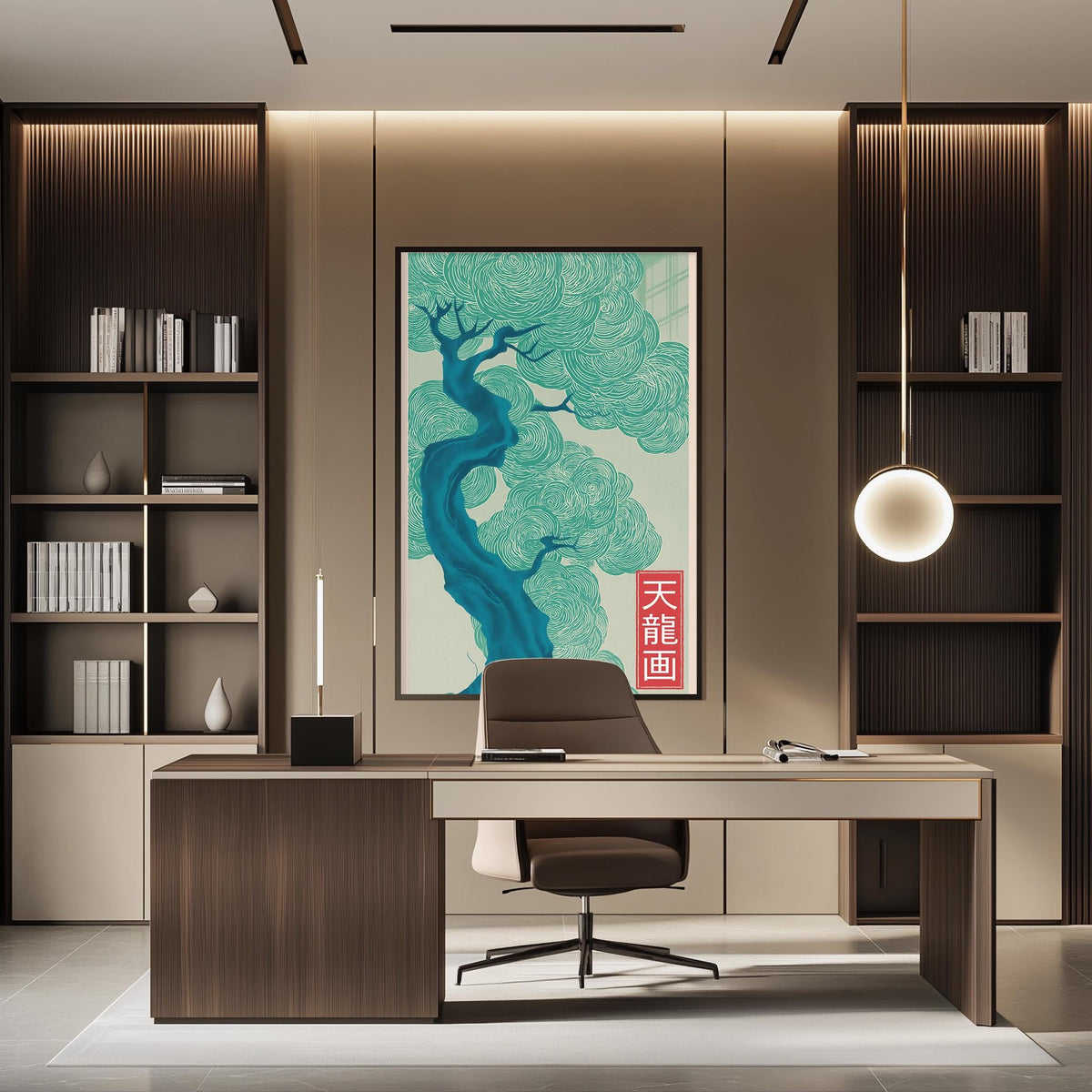 a modern and minimalist office space with a large tree-like artwork on the wall, a wooden desk with a chair, and built-in bookshelves.
