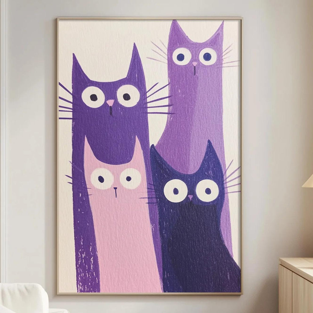 a cozy living room with a large framed picture of four cats in various shades of purple and pink hanging on the wall. The room is furnished with a white sofa, a wooden side table, and a lamp on a nearby table.