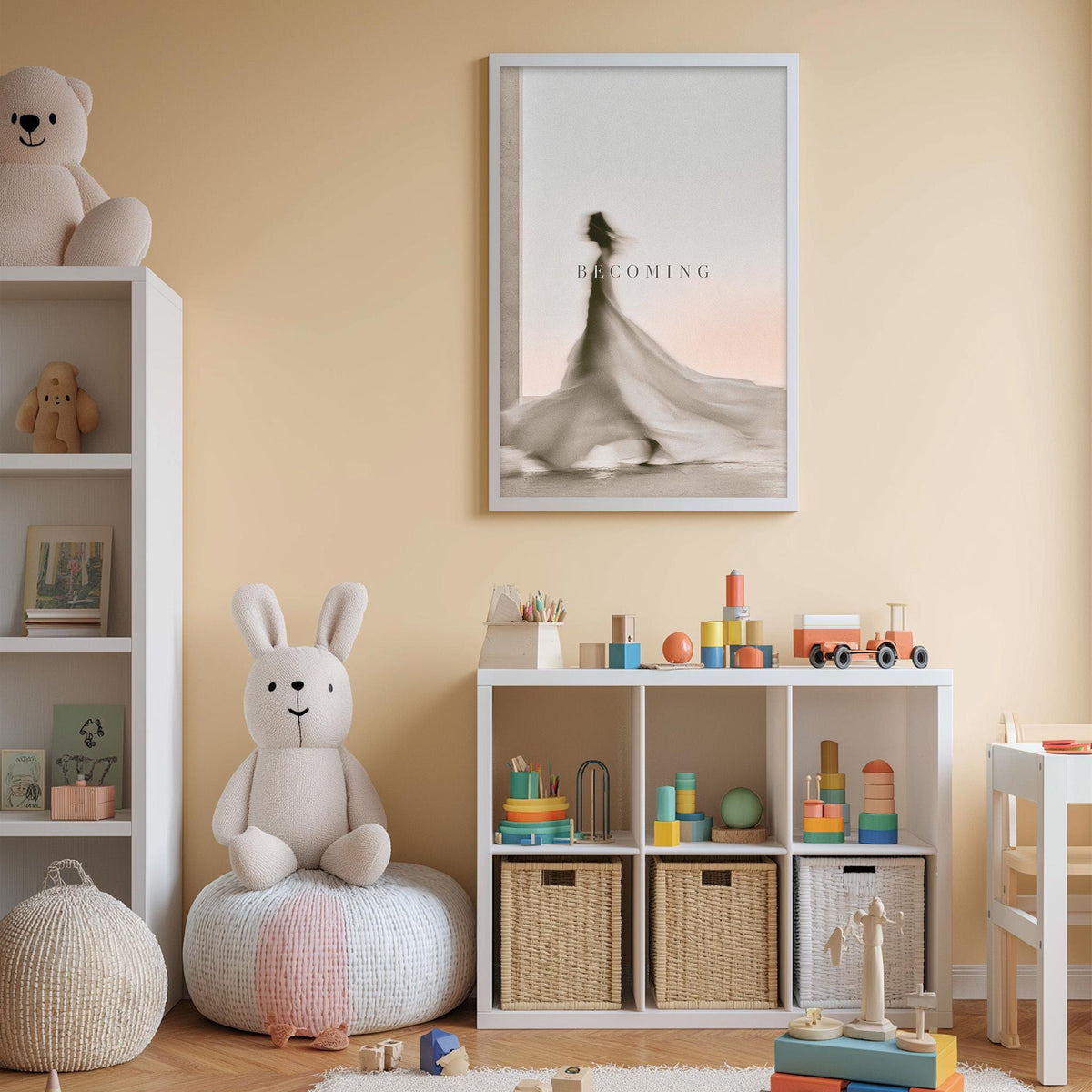 A cozy and colorful children's bedroom with a white bookshelf, a plush rabbit, and a toy train set. The walls are painted a light peach color, and a framed poster with a woman's silhouette hangs above the bookshelf.