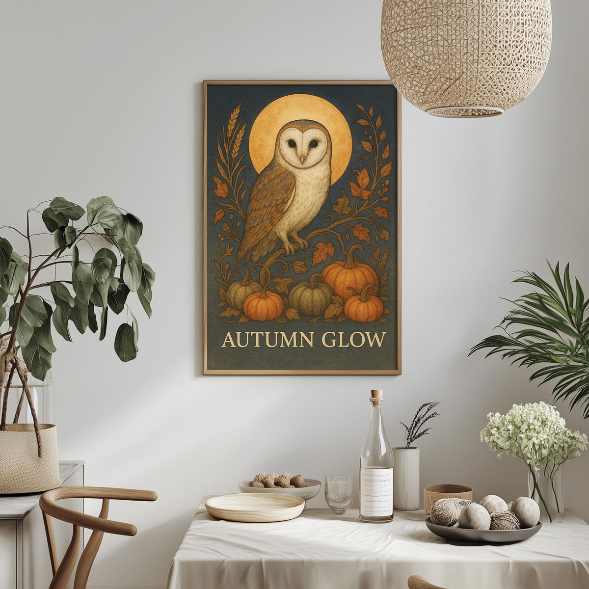 a framed illustration of an owl surrounded by autumn-themed elements, including pumpkins and leaves, hanging on a wall above a table with a white tablecloth.
