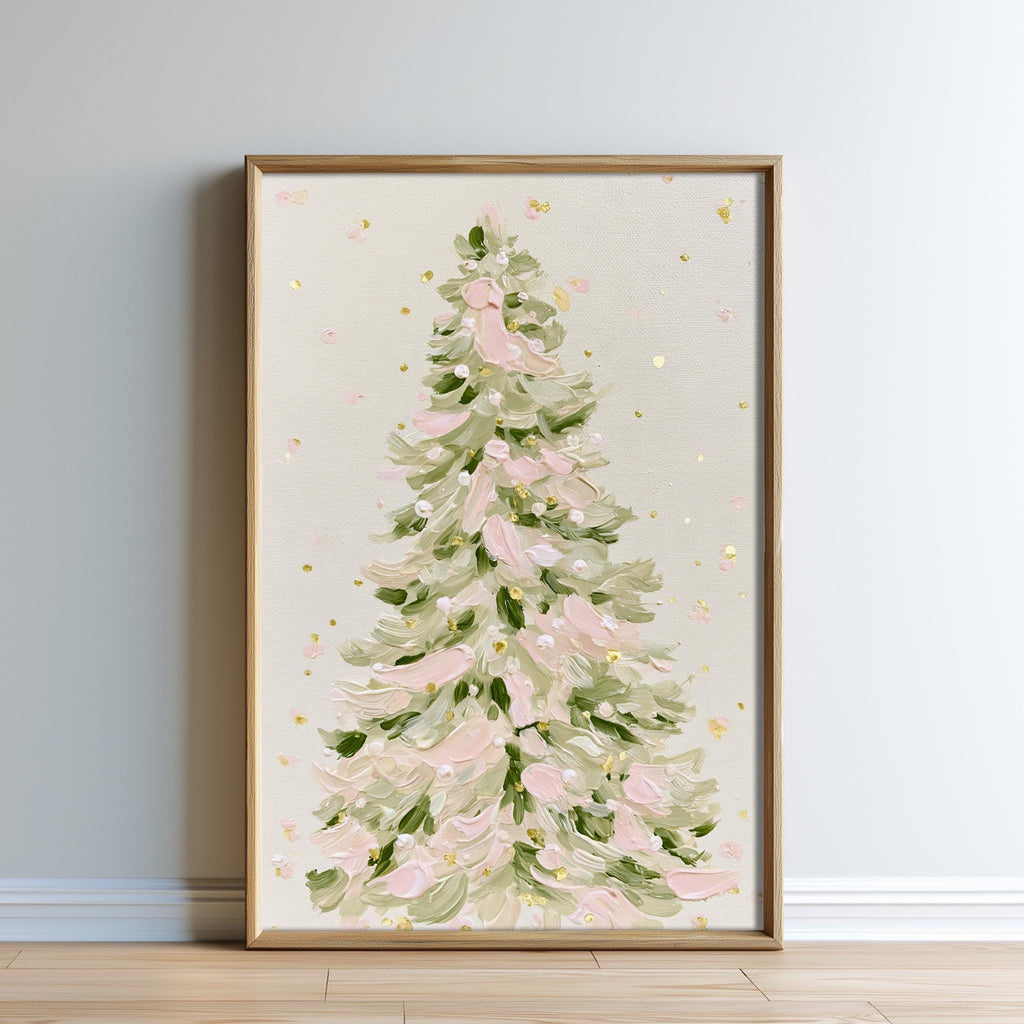 A framed painting of a Christmas tree with green and pink leaves, set against a light background.