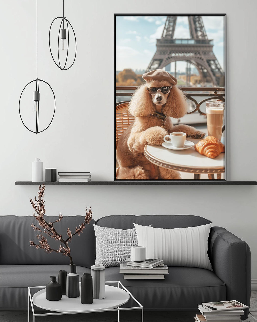 A large framed photograph of a poodle dog sitting at a table with a cup of coffee and pastries, with the Eiffel Tower visible in the background.