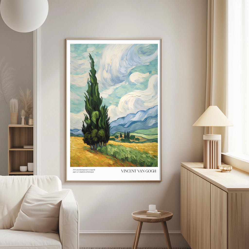 a large painting of a landscape with a tall tree in the foreground, set against a cloudy sky and rolling hills. The painting is hung on a wall in a living room, with a white sofa and a wooden side table nearby.