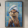 a painting of an otter holding a toothbrush, hanging on a wall in a kitchen setting.