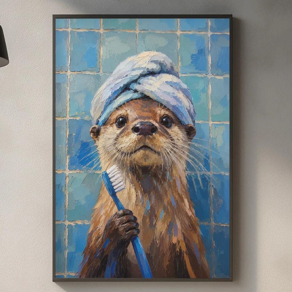 a painting of an otter holding a toothbrush, hanging on a wall in a kitchen setting.