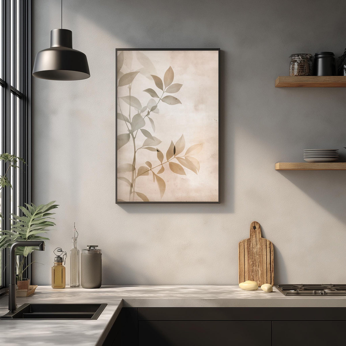 a modern kitchen with a minimalist design, featuring a framed artwork of leaves on the wall, a wooden cutting board, and various kitchen accessories such as a bottle, a vase, and a bowl.