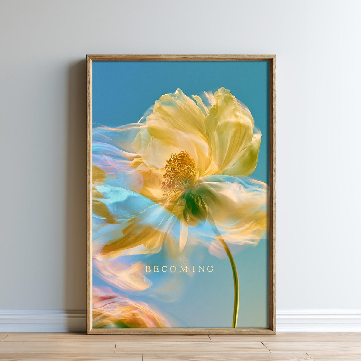 The image is a framed print of a large, vibrant yellow flower with a green stem, set against a blue sky background.