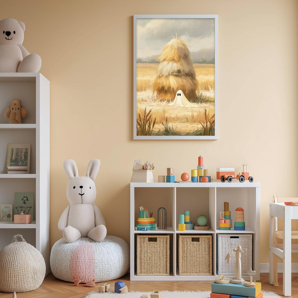 A cozy children's room with a large stuffed bunny, a bookshelf, and a toy storage unit filled with toys. A framed painting of a hay stack is hanging on the wall above the storage unit.