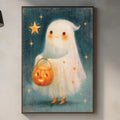 a kitchen scene with a framed illustration of a ghost holding a pumpkin, hanging on the wall above a countertop with various kitchen items such as a cutting board, a bottle, and a bowl.
