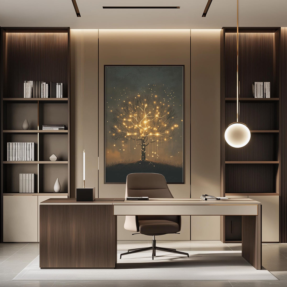 a modern and well-designed office space with a large tree-like artwork on the wall, a wooden desk with a chair, and built-in bookshelves.