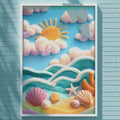 a vibrant painting of a beach scene, with a blue sky, fluffy clouds, and a sandy beach dotted with seashells and starfish.