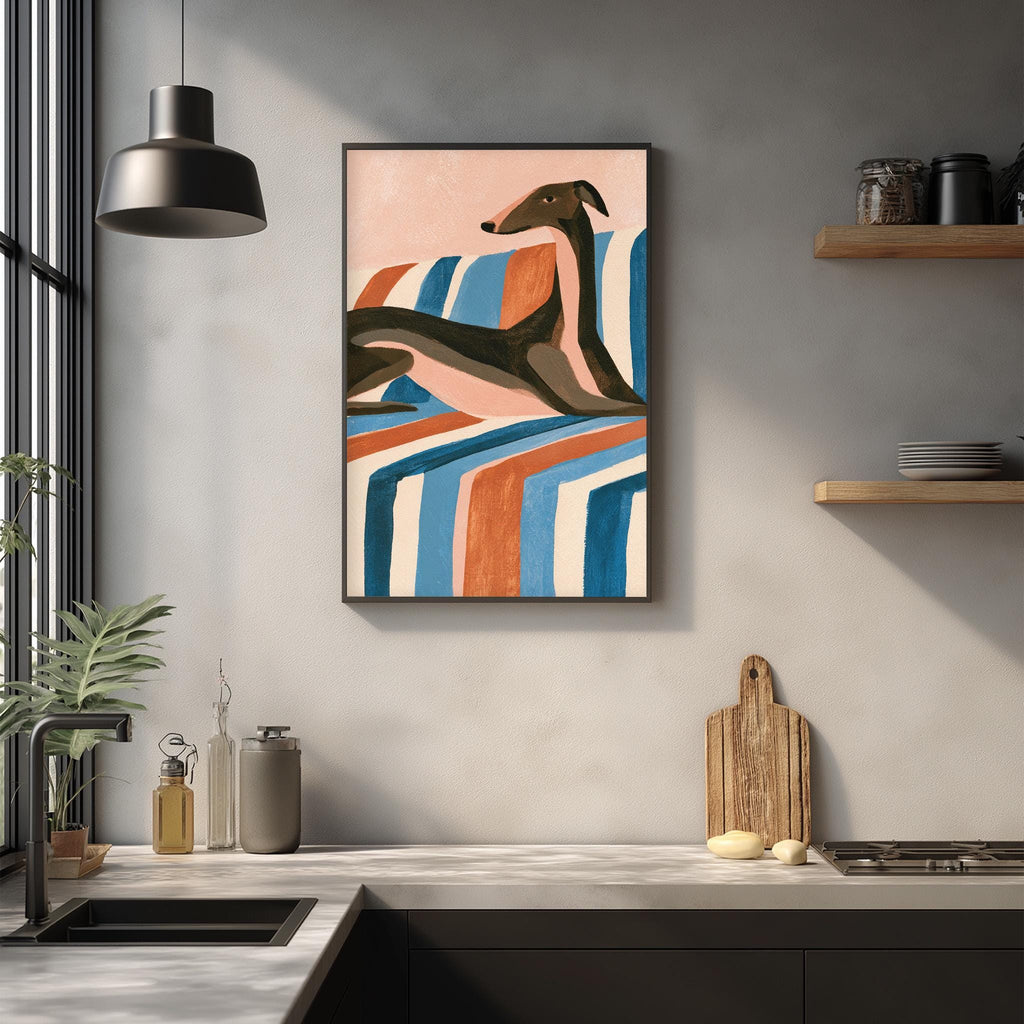 a modern kitchen with a large abstract painting of a dog on the wall above a wooden cutting board and other kitchen items.