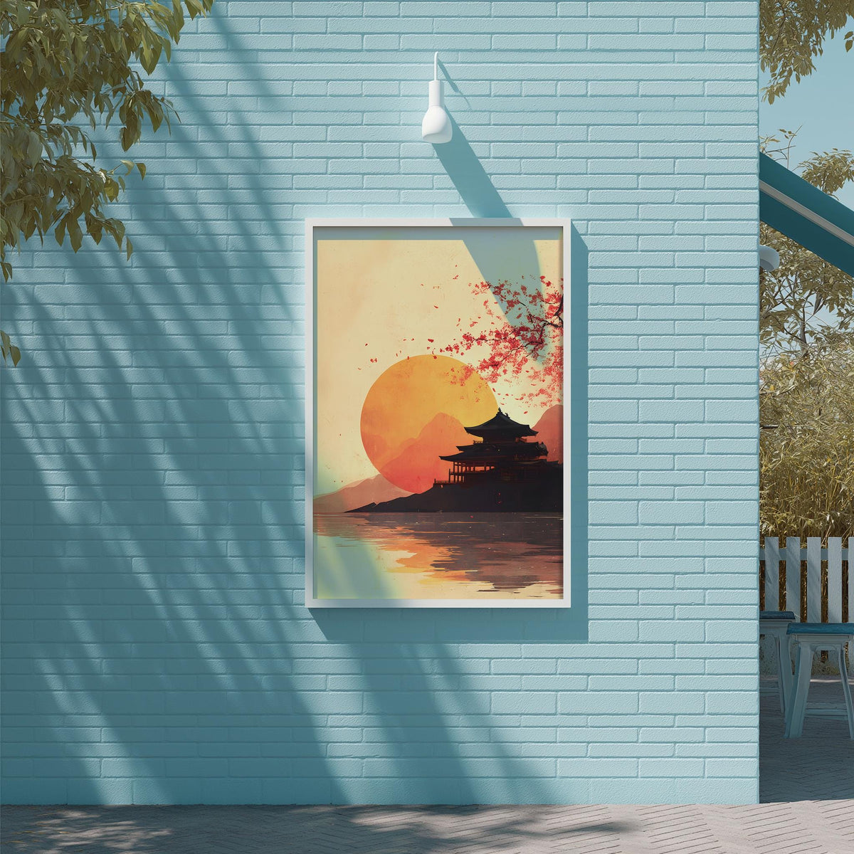 a serene scene of a temple reflected in a body of water, with a warm sunset in the background.