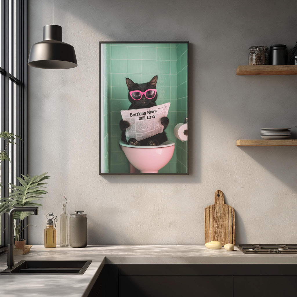 A framed image of a black cat wearing pink sunglasses and reading a newspaper while sitting on a pink toilet bowl in a bathroom.