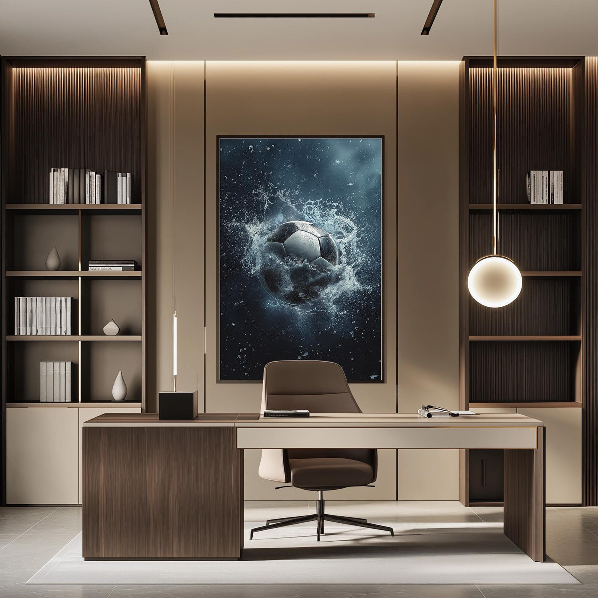 a modern and stylish office space with a large framed artwork depicting a soccer ball surrounded by water, creating a dynamic and energetic atmosphere. The office has a wooden desk, a comfortable chair, and a bookshelf filled with books, creating a well-organized and functional workspace.