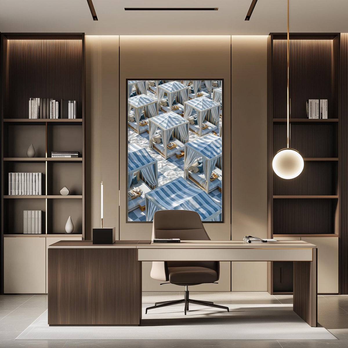 a modern office space with a large window, wooden furniture, and a framed image of beach chairs on the wall.