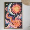 a vibrant and colorful painting of a crescent moon, sun, and clouds hanging on a wall above a dining table. The table is set with various items, including a bottle, a bowl, and a vase, creating a cozy and inviting atmosphere.
