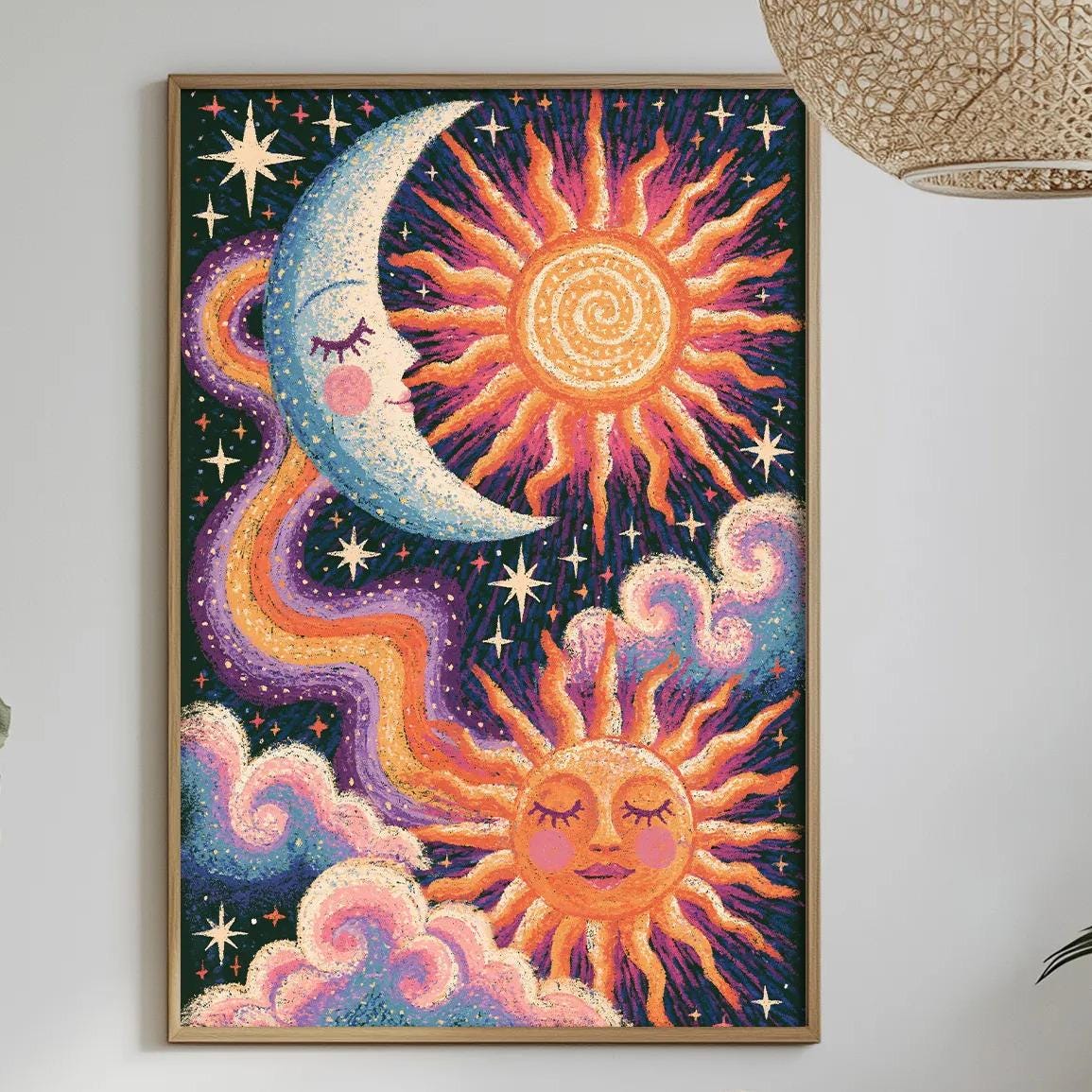 a vibrant and colorful painting of a crescent moon, sun, and clouds hanging on a wall above a dining table. The table is set with various items, including a bottle, a bowl, and a vase, creating a cozy and inviting atmosphere.