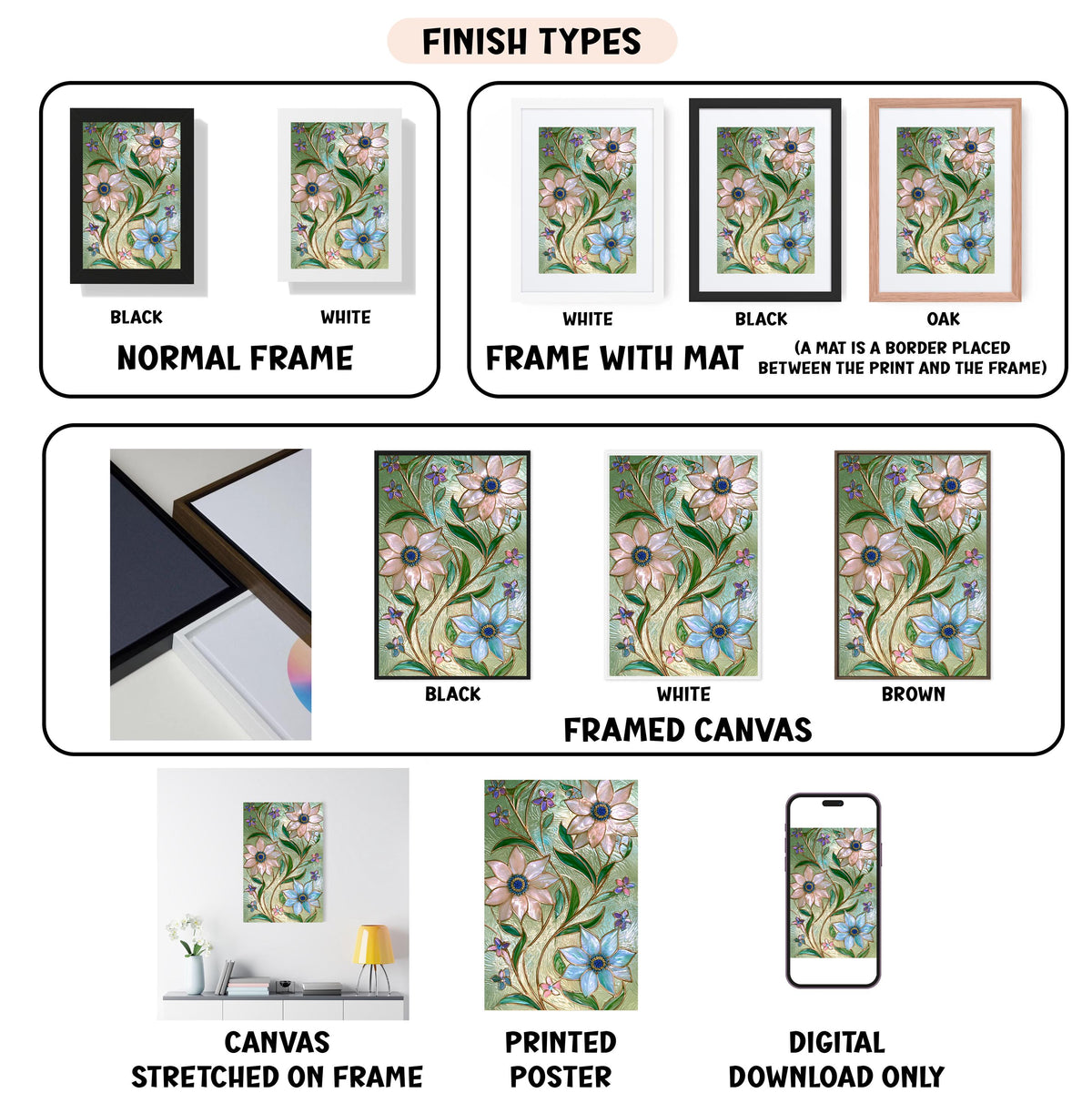 various types of artwork, including paintings, framed prints, and digital art, each with different finishes and frame styles.