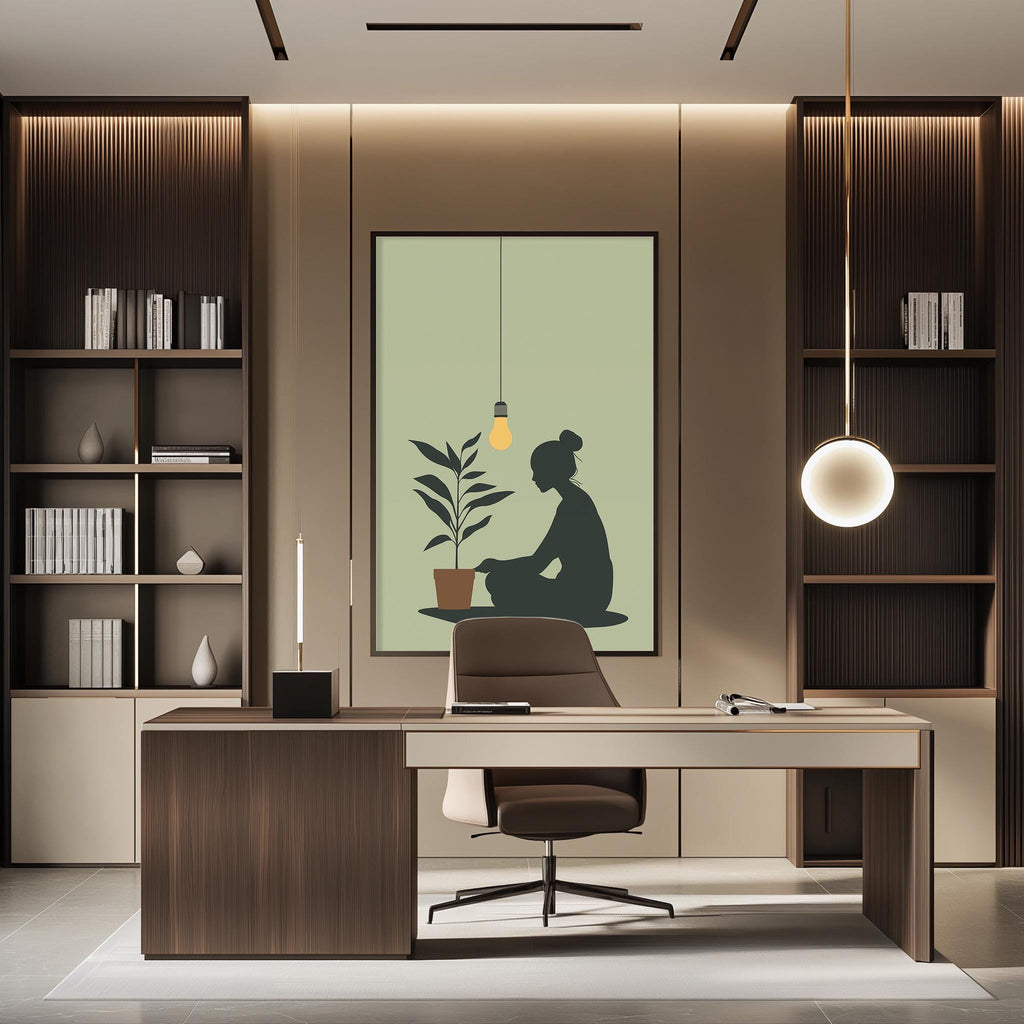 a modern and minimalist office space with a large wooden desk, a comfortable chair, and a potted plant. The room features built-in bookshelves and a large window, creating a serene and organized atmosphere.