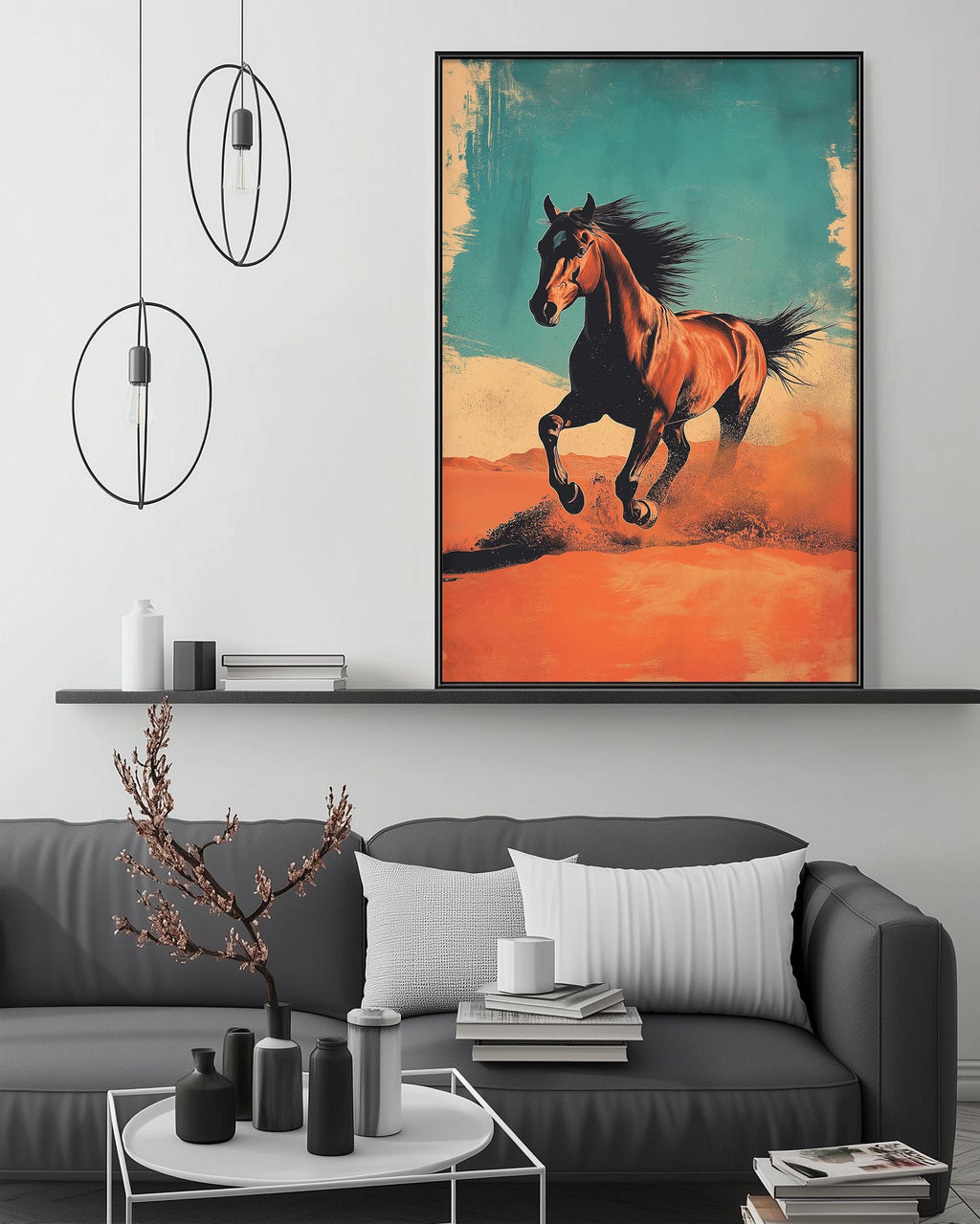 a large, vibrant painting of a horse in motion, hanging on a wall above a gray couch in a living room setting.