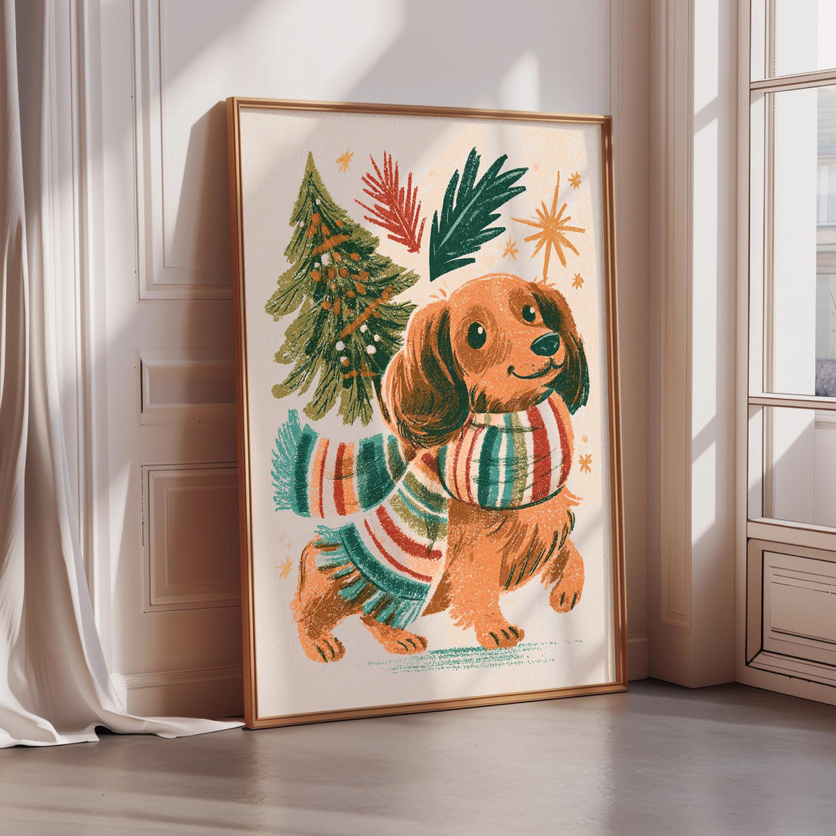 A framed illustration of a dog wearing a colorful scarf and surrounded by festive elements like a Christmas tree and stars.