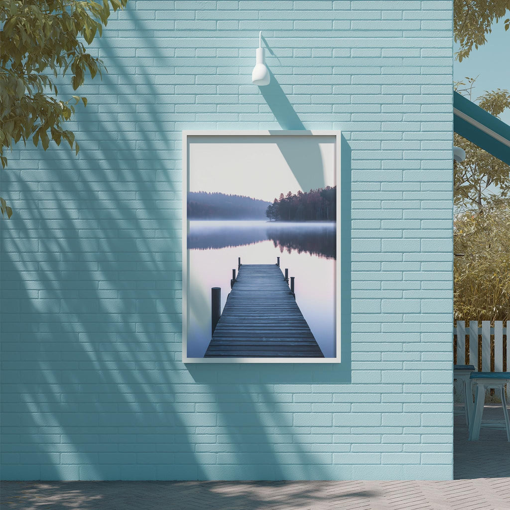 a serene scene of a wooden dock extending into a calm lake, with a peaceful forest in the background.